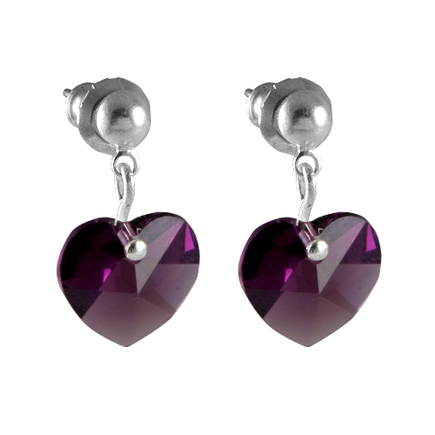 Náušnice se Swarovski Elements, visací, tvar srdce, tmavě fialová, 793902-amethyst