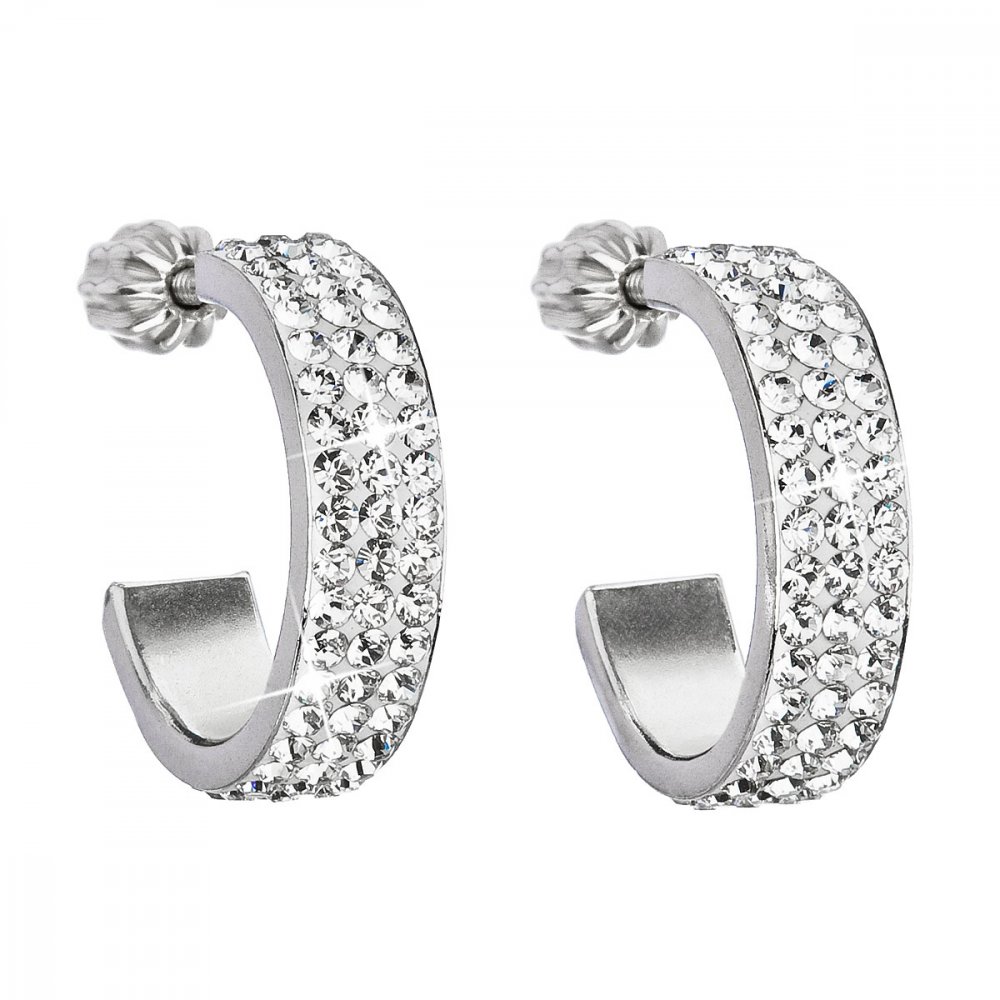 Stříbrné náušnice kruhy s krystaly Swarovski bílý půlkruh 31119.1 Krystal