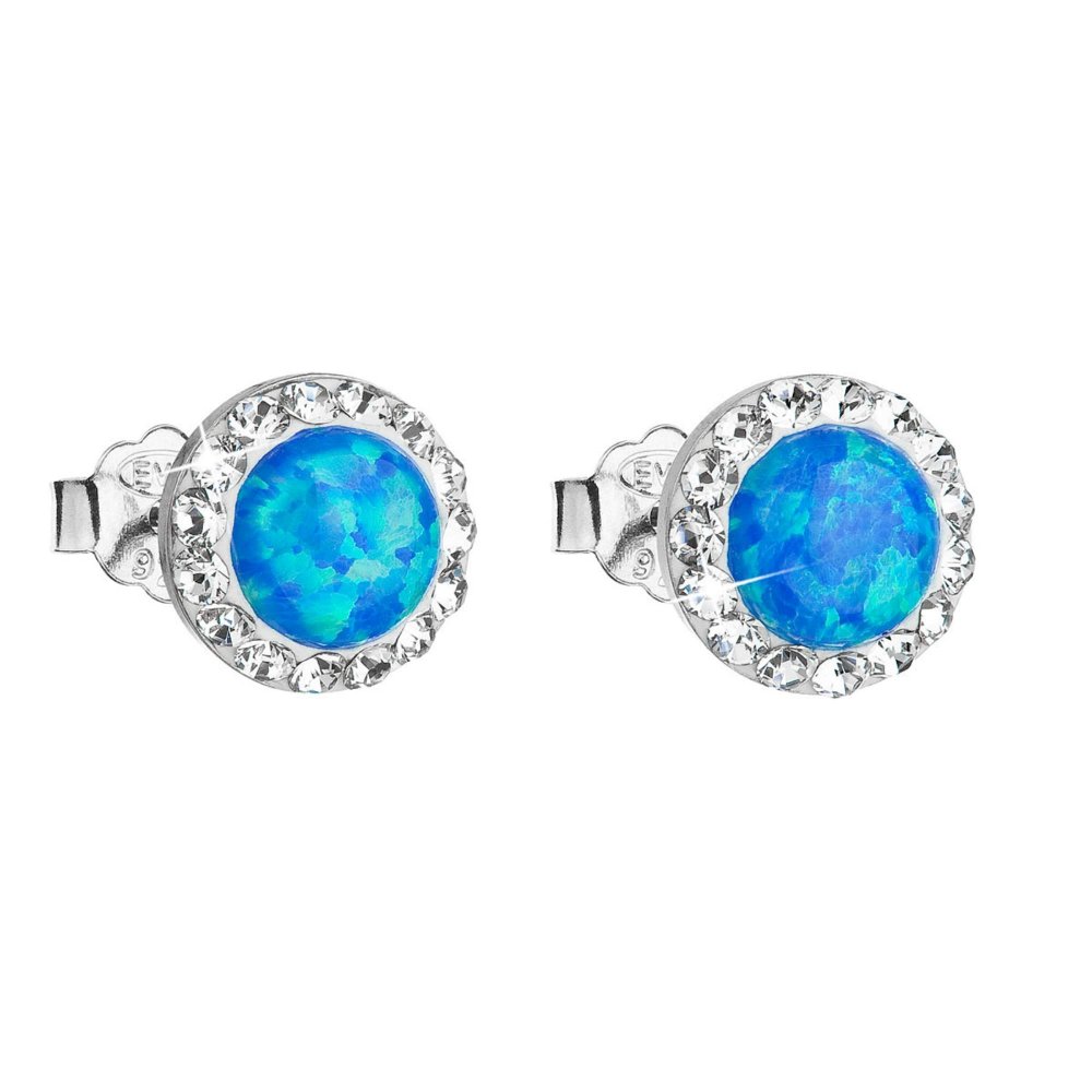 Stříbrné náušnice pecky se syntetickým opálem a křišťály Preciosa modré kulaté 31217.1 Blue s. Opal