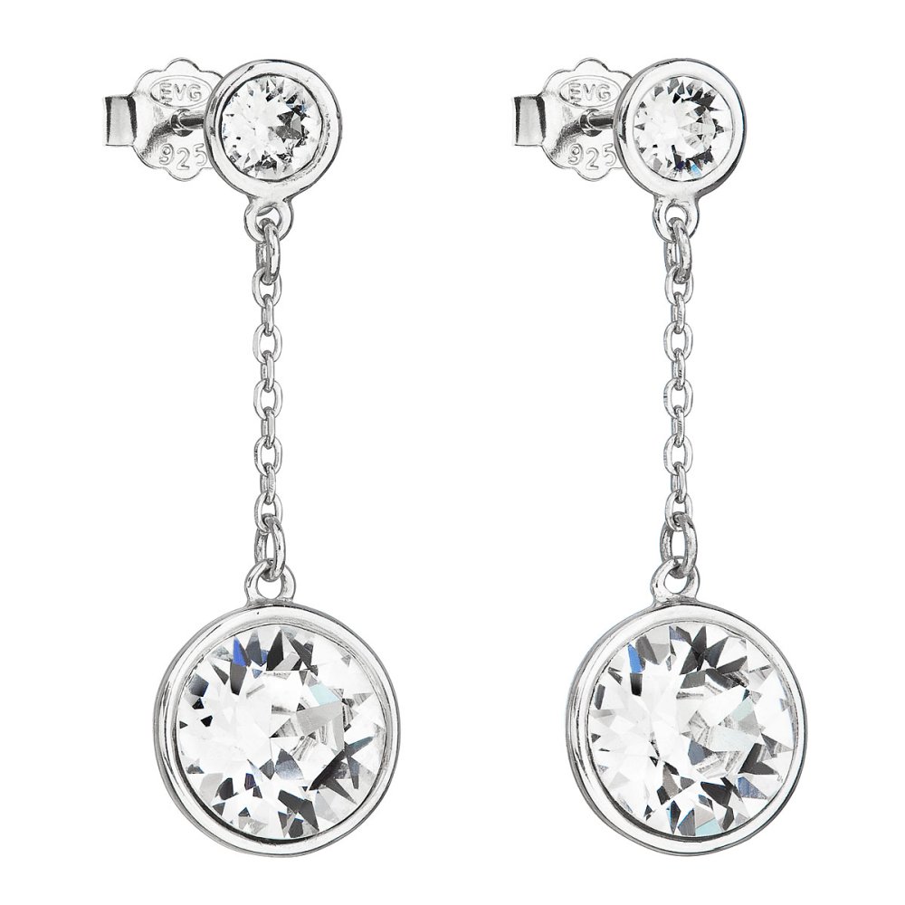 Stříbrné náušnice visací s krystaly Swarovski bílé kulaté 31269.1 Krystal