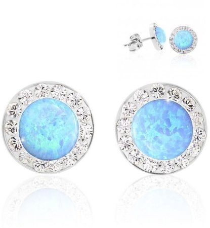 Stříbrné náušnice pecky se světle modrým opálem a krystaly Swarovski Elements Blue Opal