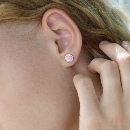 Strieborné ružové náušnice kôstky so syntetickým opálom a krištáľmi Preciosa okrúhle 31217.1 Pink s. Opal