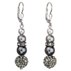 Strieborné náušnice visiace so syntetickými perlami a krištáľmi Preciosa kryštály šedé okrúhle 31149.3