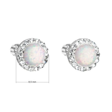 Strieborné náušnice kôstky so syntetickým opálom a krištáľmi Preciosa biele okrúhle 31317.1 White s. Opal