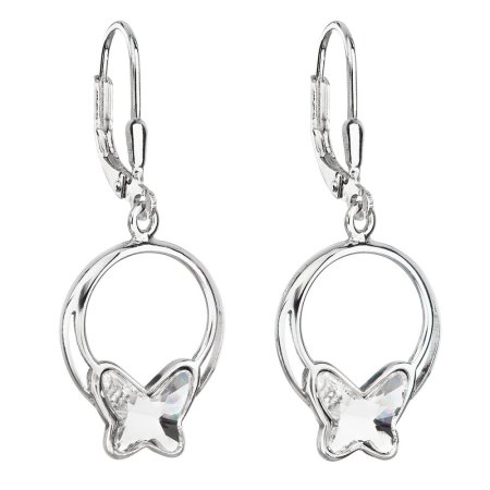 Strieborné náušnice visiace s kryštálmi Swarovski biely motýľ 31248.1 Kryštál