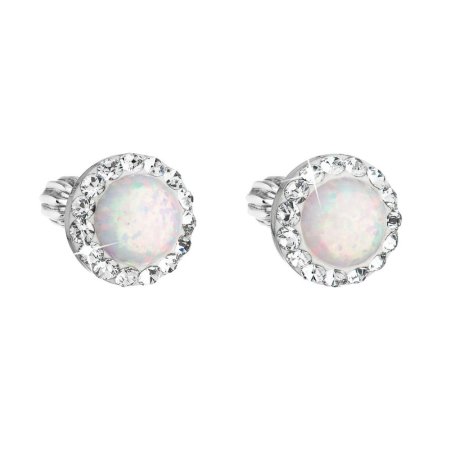 Strieborné náušnice kôstky so syntetickým opálom a krištáľmi Preciosa biele okrúhle 31317.1 White s. Opal