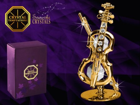 Kovová pozlacená figurka Housle s bílými krystaly Swarovski Elements