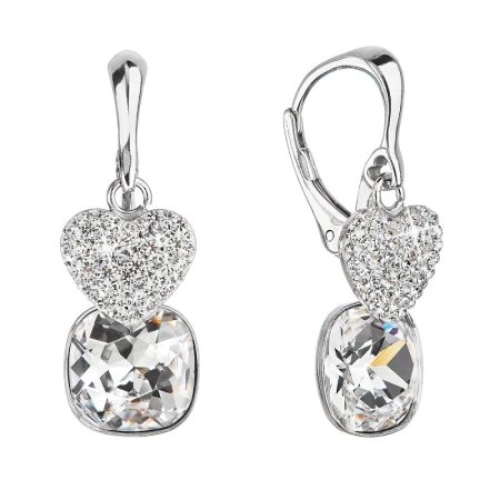 Strieborné náušnice visiace s krištáľmi Preciosa biele srdce 31234.1 Krystal