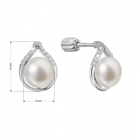 Strieborné náušnice kôstky slza s riečnou perlou a zirkónmi bielej 21096.1B