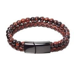 Pánský náramek s pravými kameny tygří oko a koženkovým zaplétaným páskem 43022.3 hnědý