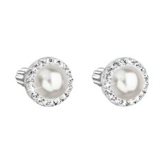 Strieborné náušnice pecka s kryštálmi Swarovski a bielou perlou okrúhle 31314.1 White