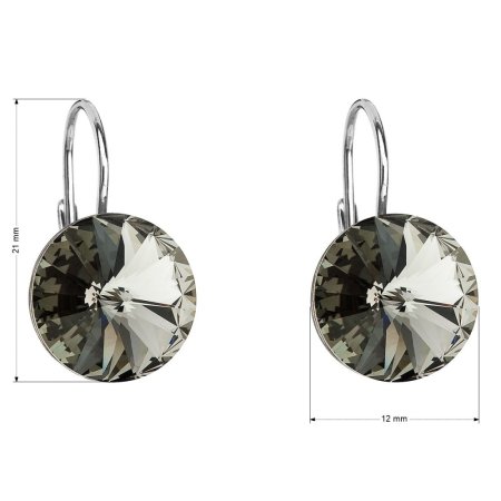Strieborné náušnice visiace s kryštálmi Swarovski šedej okrúhle 31106.3 Black Diamond