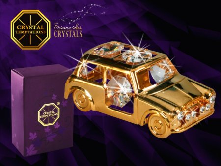 Kovová pozlátená figúrka Mini Cooper s bielymi kryštálmi Swarovski Elements