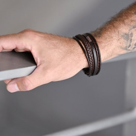 Náramek pánský s koženkovými pásky a sponou na magnet 43023.3 hnědý