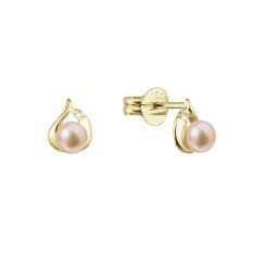 Zlaté 14 karátové náušnice slza s ružovou riečnou perlou a briliantmi 91PB00052 pink