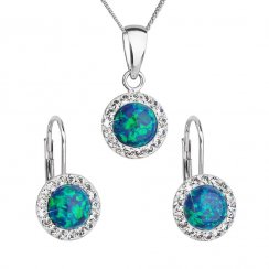 Súprava šperkov so syntetickým opálom a krištáľmi Preciosa náušnice a prívesok zelené okrúhle 39160.1