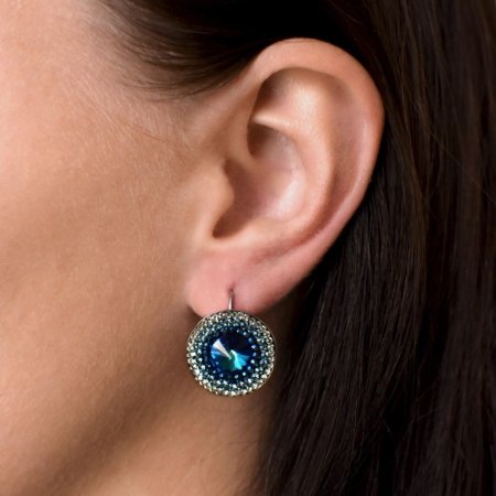 Stříbrné náušnice visací s krystaly Swarovski modré kulaté-rivoli 31208.5 Bermuda Blue