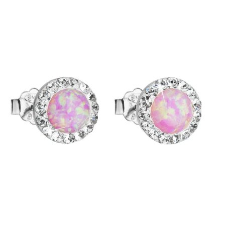 Strieborné ružové náušnice kôstky so syntetickým opálom a krištáľmi Preciosa okrúhle 31217.1 Pink s. Opal