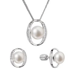 Perlová súprava ovál s riečnou perlou a zirkónmi biela 29049.1B