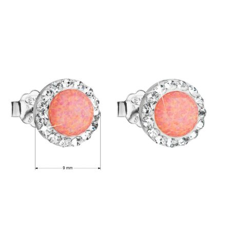 Stříbrné náušnice pecky se syntetickým opálem a křišťály Preciosa oranžové kulaté 31217.1 Coral s. Opal