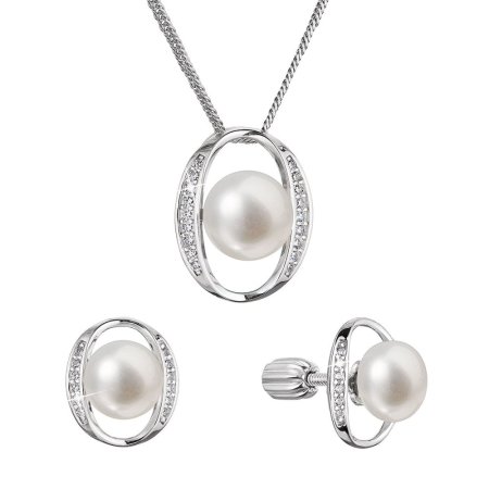 Perlová souprava ovál s říční perlou a zirkony bilá 29049.1B