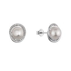 Strieborné náušnice kôstky s bielou riečnou perlou a zirkónmi okrúhle 21113.1