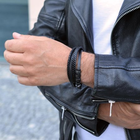 Náramek pánský s koženkovými pásky 43036.3 černý