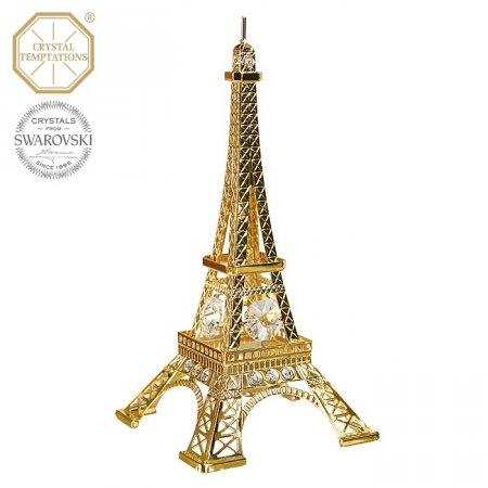 Kovová pozlátená figúrka Eiffelova veža s bielymi kryštálmi Swarovski Elements