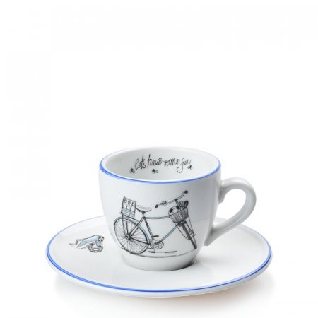 Porcelánový hrnček s tanierikom na espresso Milada pánsky bicykel modrá linka 90 ml