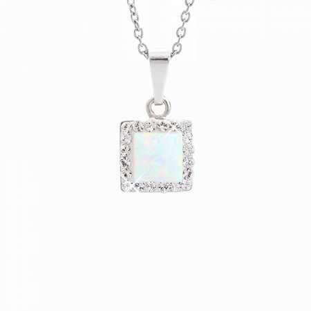 Strieborný náhrdelník s bielym opálom a kryštálmi Swarovski Elements štvorec White Opal