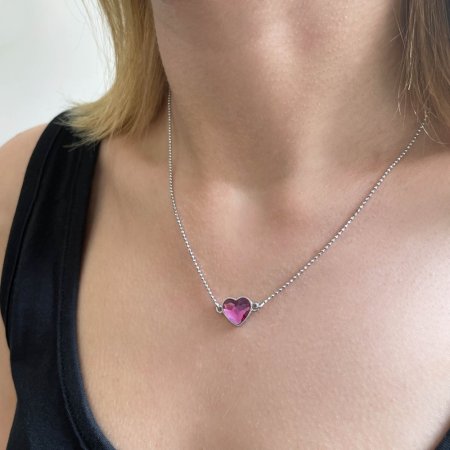 Strieborný náhrdelník s kryštálom Swarovski ružové srdce 32061.3 Fuchsia