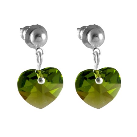 Náušnice se Swarovski Elements zelené srdíčko Olivine 10 mm