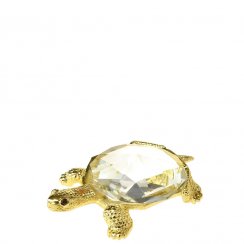 Kovová pozlátená figúrka korytnačka s bielym brúseným skleneným krištáľom