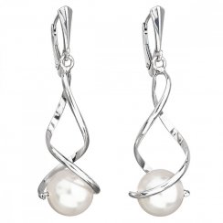 Stříbrné náušnice visací s perlou z křišťálu Preciosa bílé kulaté 31224.1 Bílá
