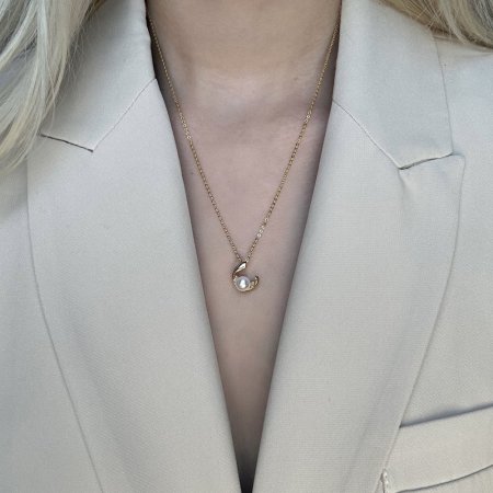 Pozlacený stříbrný náhrdelník s pravou říční perlou v půlkruhu se zirkony 22041.1 Au plating