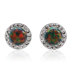 Stříbrné náušnice pecky se zelenoměnivým opálem a krystaly Swarovski Elements Vitrail Medium Opal