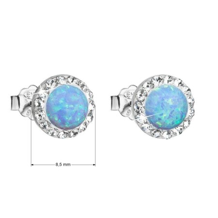 Strieborné náušnice kôstky so syntetickým opálom a krištáľmi Preciosa svetlomodré okrúhle 31217.1 Lt. Blue s. Opal