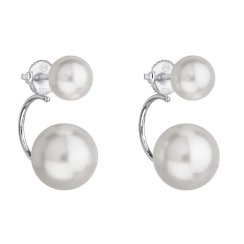 Stříbrné náušnice dvojité s perlou z křišťály Preciosa bílé kulaté 31177.1