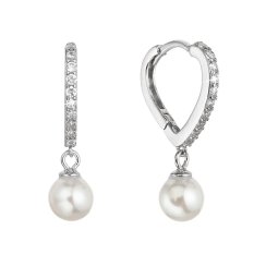 Strieborné náušnice srdca so zirkónmi a visiacou perličkou shell 11426.1