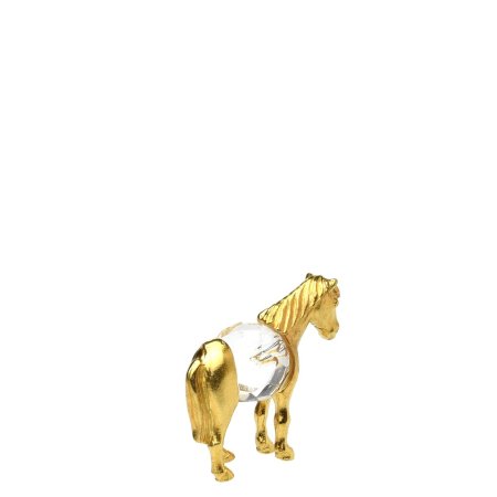Kovová pozlátená figúrka malý kôň s bielym brúseným skleneným krištáľom