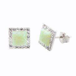 Stříbrné náušnice pecky se světle zeleným opálem a krystaly Swarovski Elements Chrysolite Opal