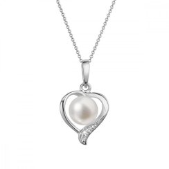 Zlatý 14 karátový náhrdelník srdce biele zlato s bielou riečnou perlou a briliantmi 82PB00049
