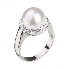 Strieborný prsteň s krištáľmi Preciosa a bielou perlou 35021.1 Biela