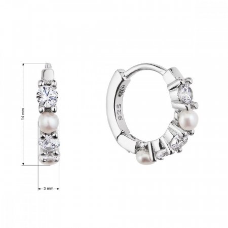 Stříbrné náušnice kroužky s bílými říčními perlami a zirkony 21077.1