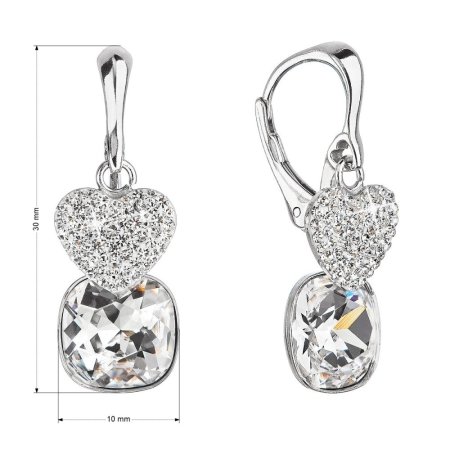 Strieborné náušnice visiace s krištáľmi Preciosa biele srdce 31234.1 Krystal
