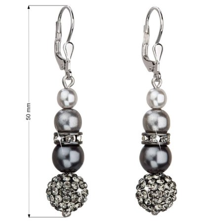 Strieborné náušnice visiace so syntetickými perlami a krištáľmi Preciosa kryštály šedé okrúhle 31149.3