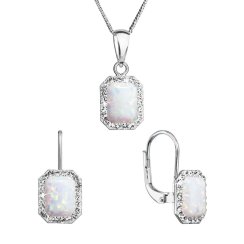 Súprava šperkov so syntetickým opálom a krištáľmi Preciosa náušnice a prívesok biele okrúhle 39175.1 White Opal
