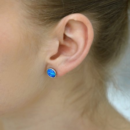 Stříbrné náušnice pecky se syntetickým opálem modré kulaté 11001.3 Blue s. Opal