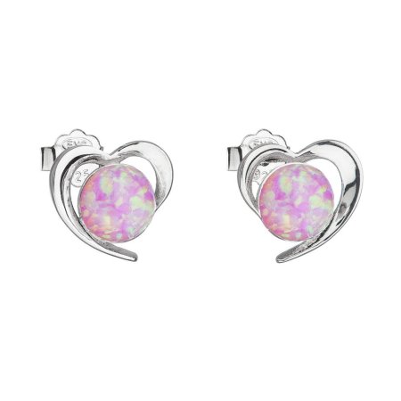 Stříbrné náušnice srdce s růžovým syntetickým opálem 31259.3 Lt.rose
