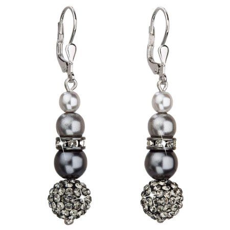 Strieborné náušnice visiace so syntetickými perlami a krištáľmi Preciosa kryštály šedé okrúhle 31149.3